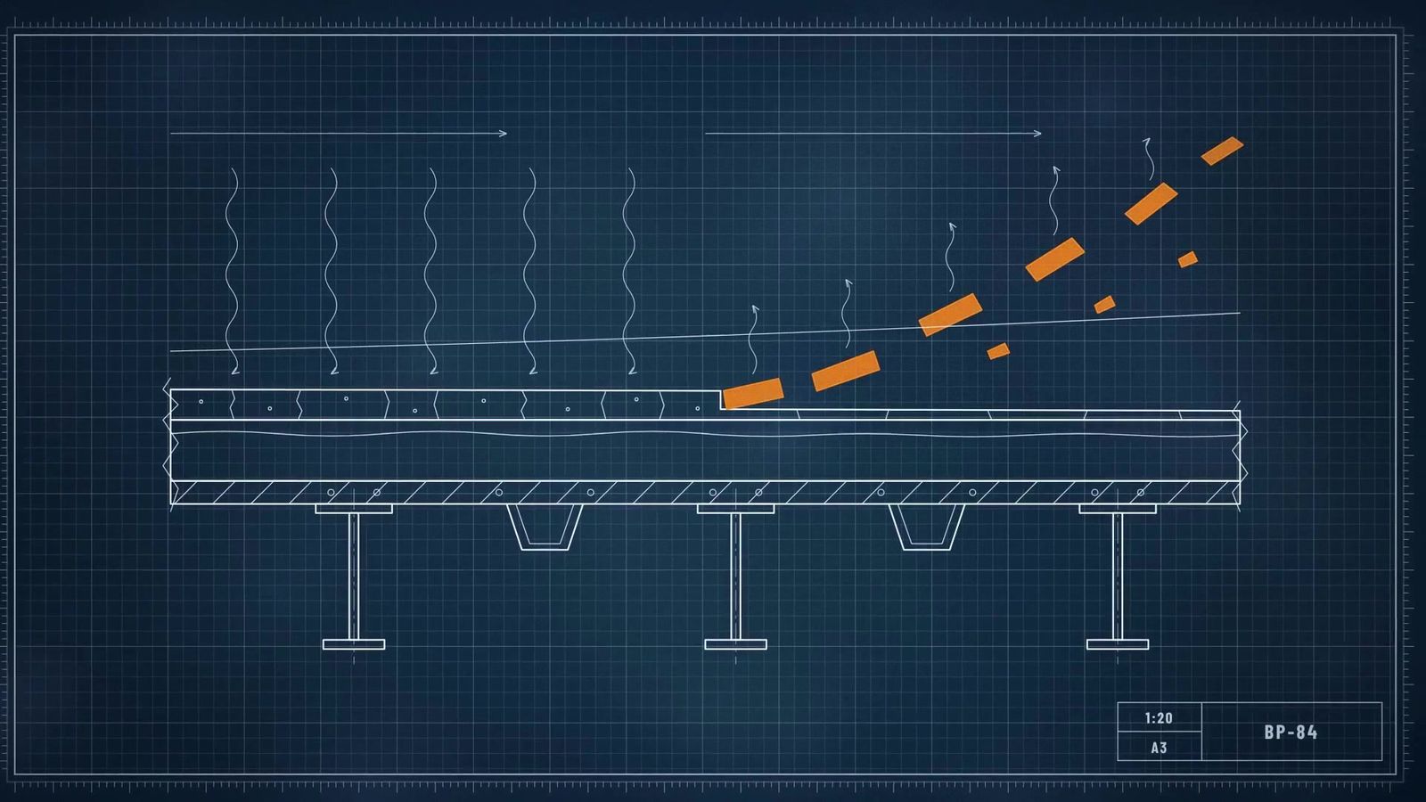 Blueprint drawing of a skin panel with the heat front marked in orange