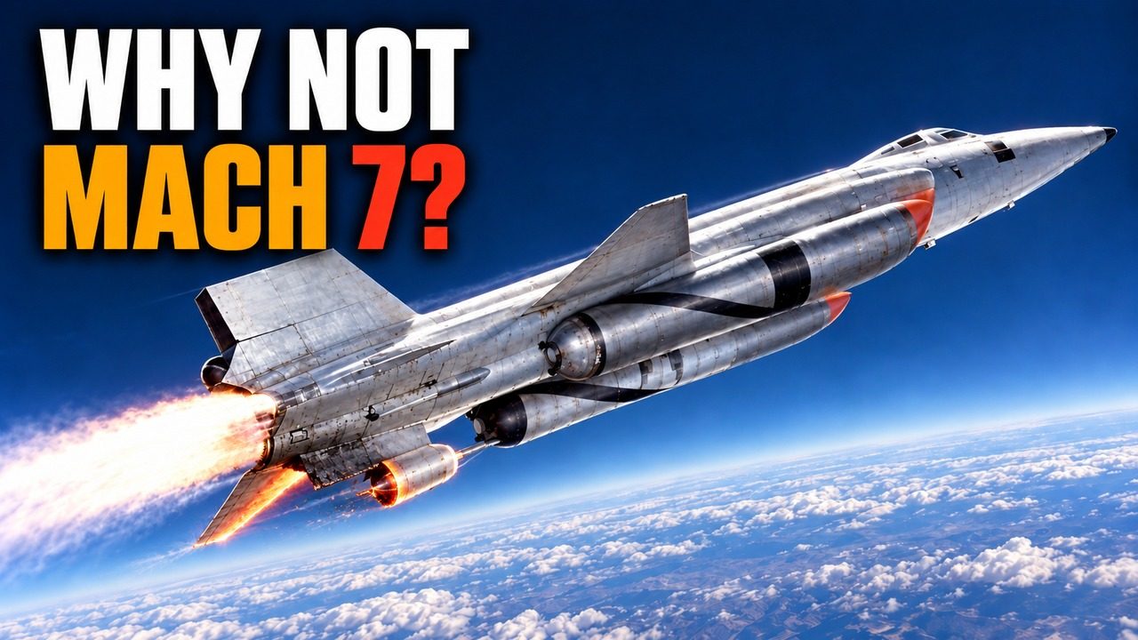 The X-15A-2 climbing over the clouds with its drop tanks, under the words WHY NOT MACH 7?